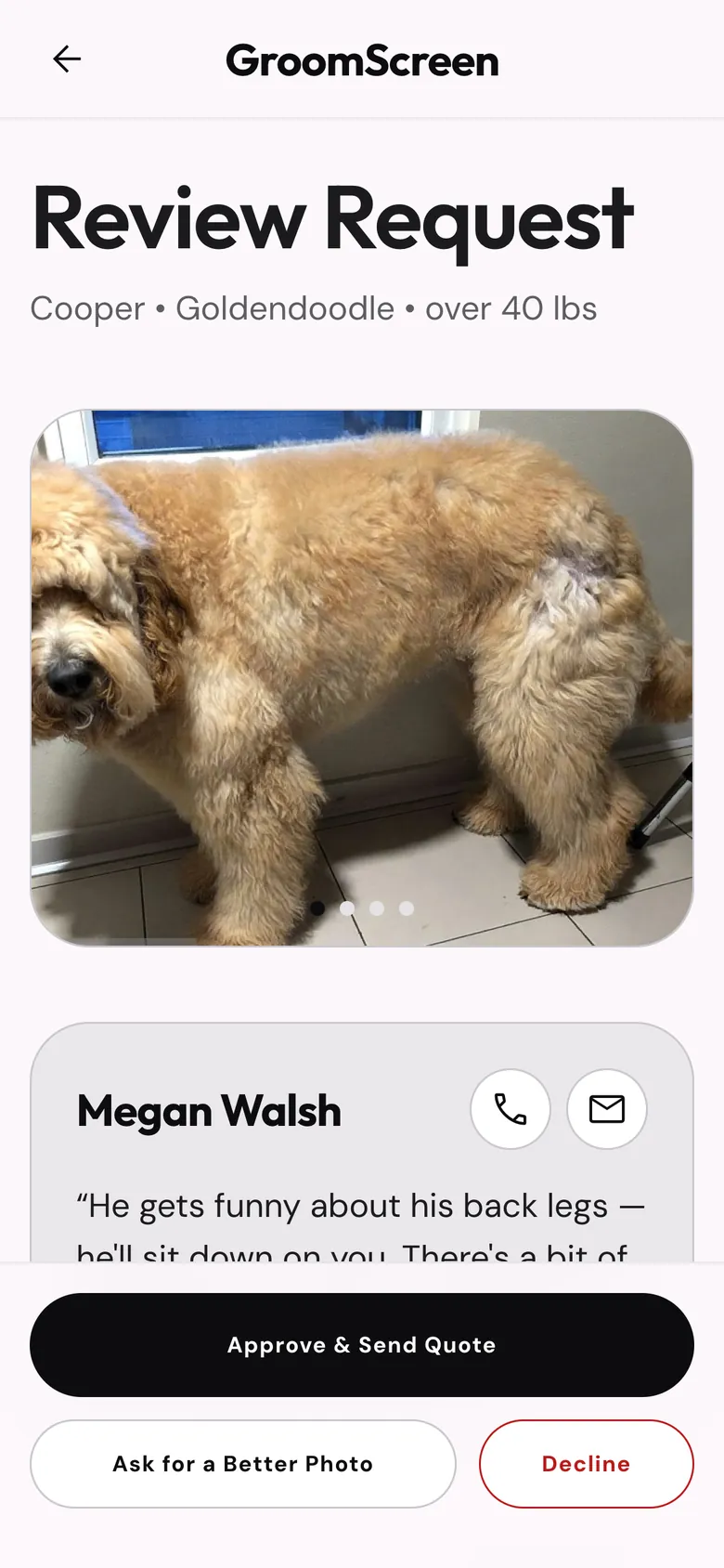 A grooming request open on a phone: Cooper's photos, and a note that the owner put the coat at level 2