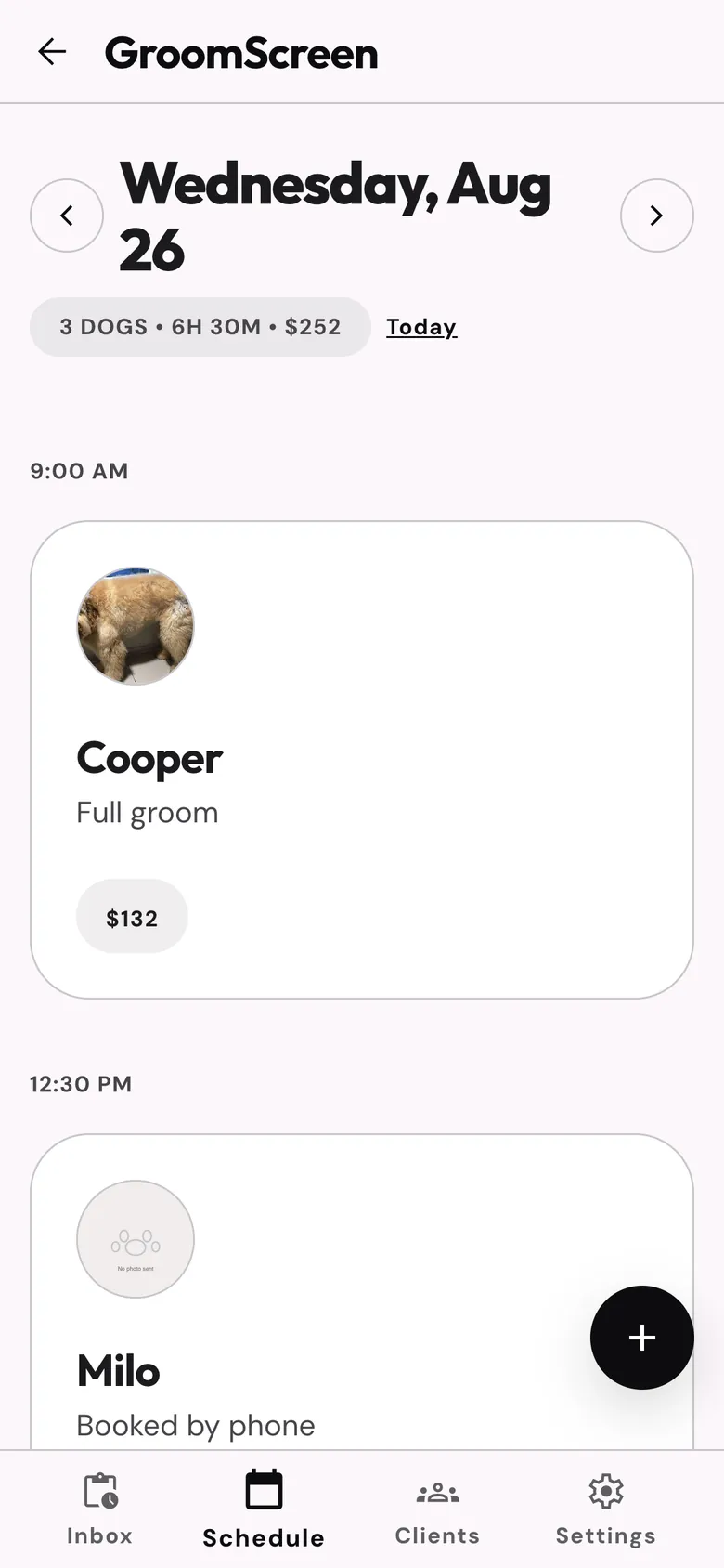 A day in the schedule: three dogs, six and a half hours, $252